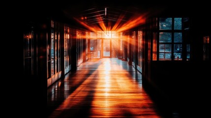 Fototapeta premium Sunbeams illuminating a long hallway