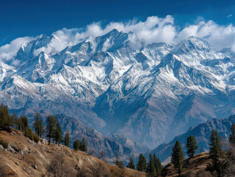 Scenic mountain view of Nanda Devi in the Himalayas with snow-capped peaks