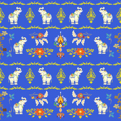 Damask flowers and animals seamless pattern with elephants for fabric and decorative design