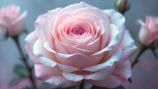 Single pink and white rose isolated on neutral background