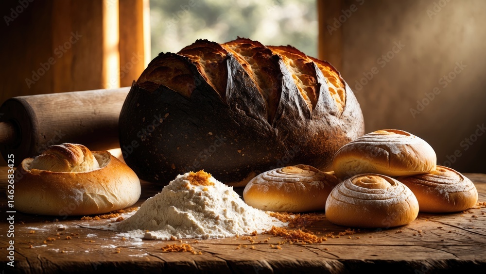 Poster different kinds of fresh bread arranged on the bakery table