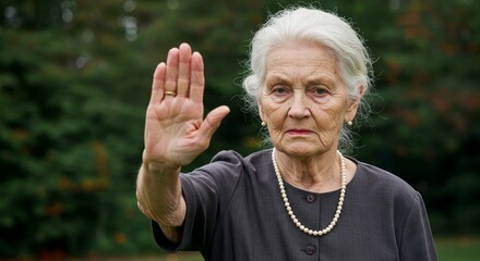 Elderly Woman Stop Gesture - Senior woman showing stop hand gesture, symbolizing caution, refusal, boundary, strength, and resilience
