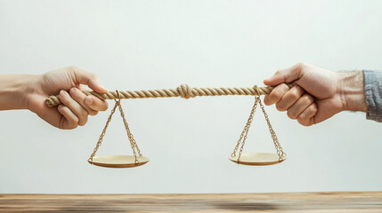 Balanced conflict.  Two hands pull opposing ends of a rope, balancing scales