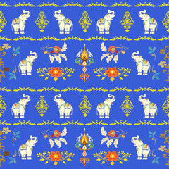 Damask flowers and animals seamless pattern with elephants for fabric and decorative design
