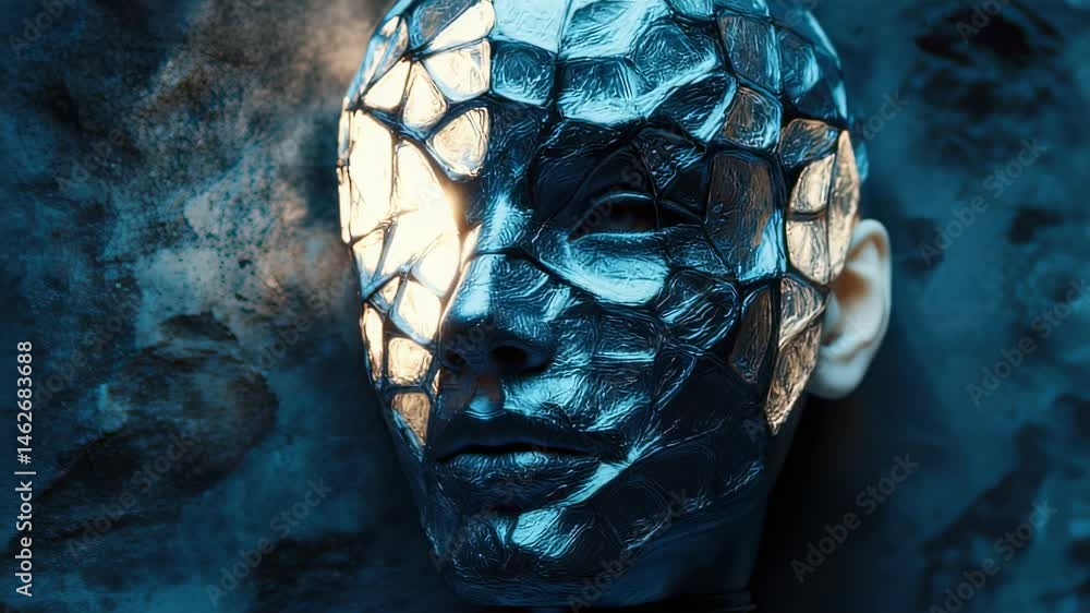 Poster abstract metallic face with glowing geometric patterns on a textured background, creating a futurist
