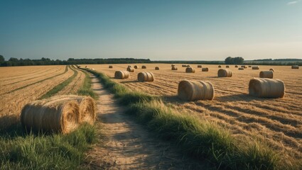 Polish agricultural fields in summer with harvest activities