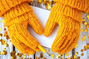 Yellow knitted gloves holding a blank card with a pen, surrounded by gold confetti on a light wooden background