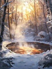 Forest clearing in winter, snow on ground and forest floor, trees, misty valley, warm sunshine