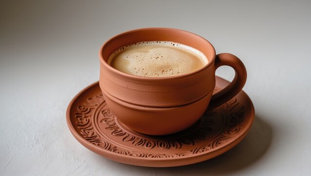 Natural clay cup filled with hot milk tea, top view