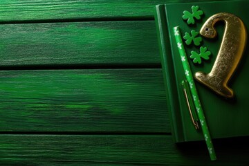 St. Patrick's Day themed notebook, gold numeral, and green decorations on dark green wooden background