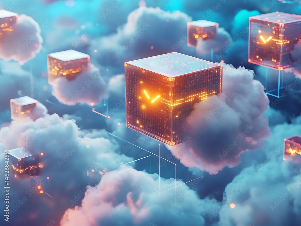 Poster digital realm with floating data cubes amidst ethereal clouds for a serene techscape