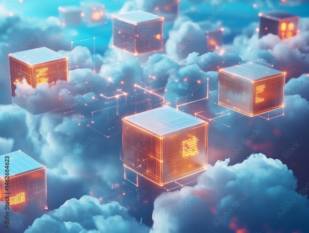 Poster cloud computing network topology represented by floating digital cubes