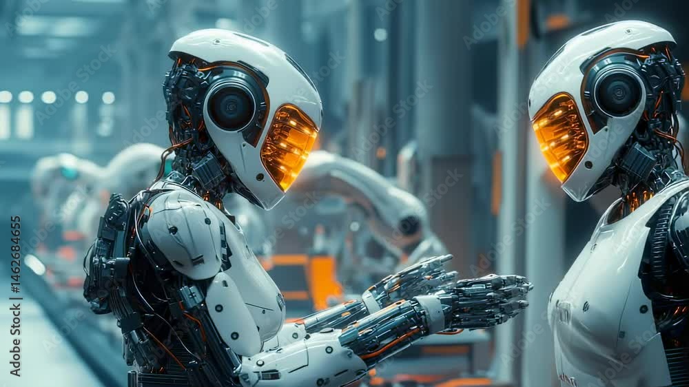 Poster futuristic humanoid robots interacting in a factory setting, with a focus on advanced technology and
