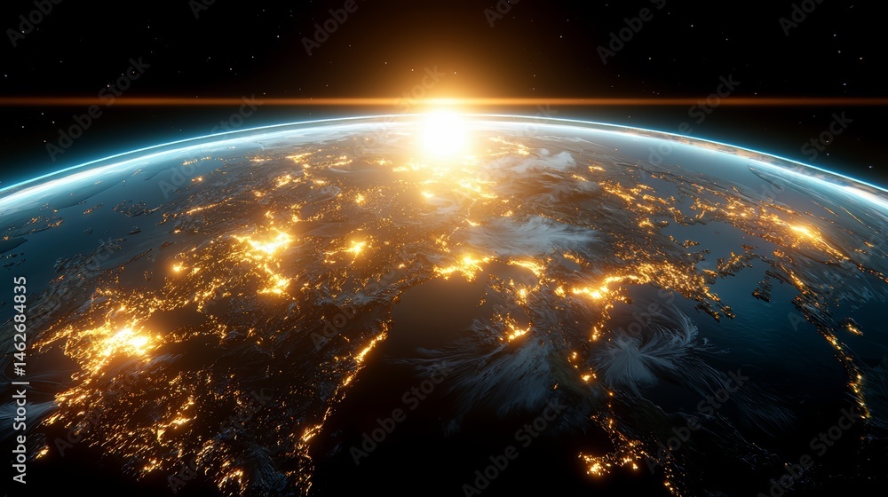 Poster Planet with a bright sun in the center and a lot of lights around it. The planet is surrounded by a dark sky