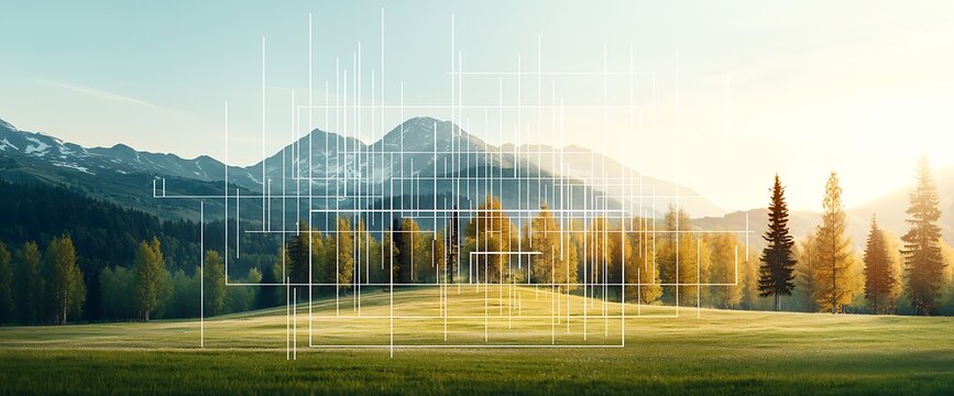 Tranquil landscape overlaid with design elements