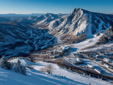 Scenic winter landscape with ski slopes and mountains in Killington, Vermont