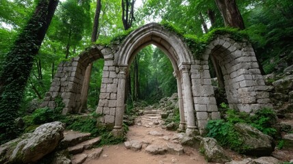 Obraz premium Enchanted Forest Temple with Mossy Walls and Soft Light Streaming Through Stone Arches