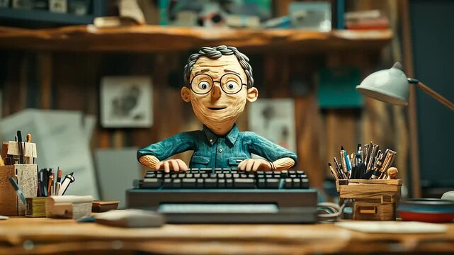 Artisan animation of an author typing, showcasing a creative workspace environment