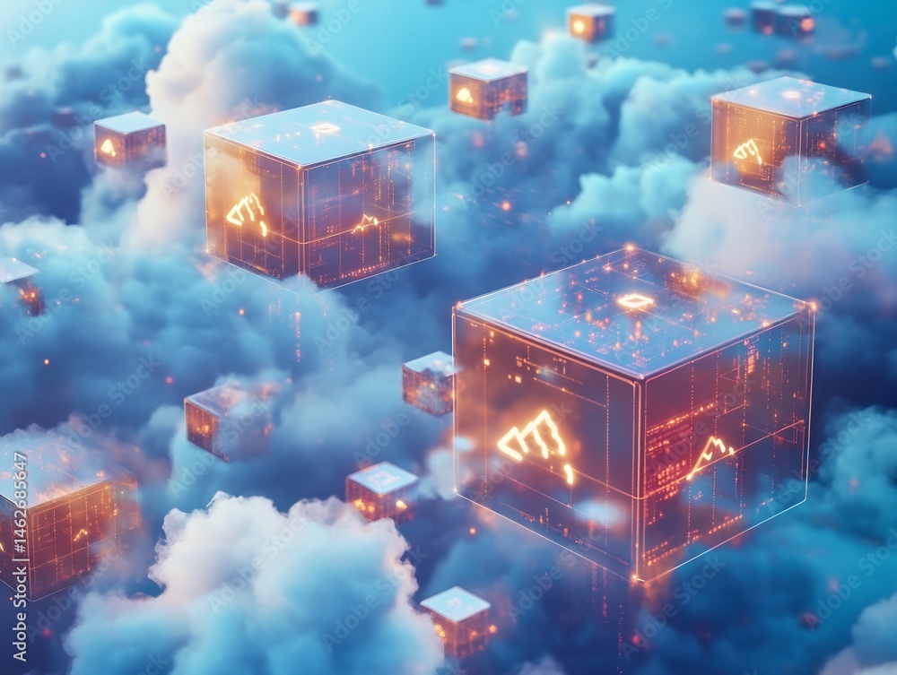 Poster cloud computing infrastructure with digital data blocks hovering in the sky