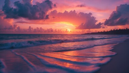 Fototapeta premium Sunset at a tropical beach with clouds and sea