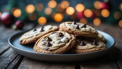 Detailed view of baked chocolate chip cookies with holiday decorations