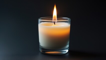 Glass-encased white wax candle burning on background, isolated mockup