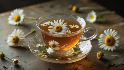 Relaxing chamomile tea in a transparent mug surrounded by flower buds and a botanical backdrop.