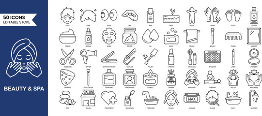 Beauty and Spa editable icon set in line style. A set of outline icons related to spa treatments, massage, skin care, wellness, therapy and more. Vector illustration