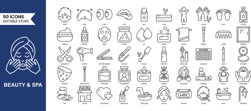 Beauty and Spa editable icon set in line style. A set of outline icons related to spa treatments, massage, skin care, wellness, therapy and more. Vector illustration