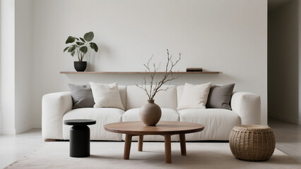 Modern Minimalist Living Room Design Clean Lines, Cozy Sofa, and Tranquil Ambiance