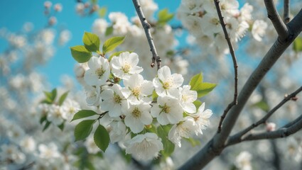 Naklejka premium Cherry Tree Branch with Full Blooming Flowers in Close Range