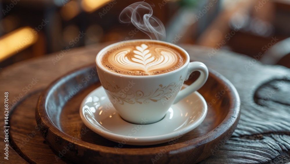 Poster Side angle of warm latte coffee with intricate latte art in a white cup resting on a wooden tabletop