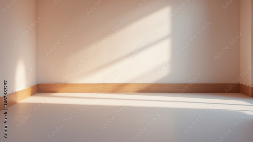 Poster simple warm lighting background on a white and wooden surface, complemented by light and shadow wall