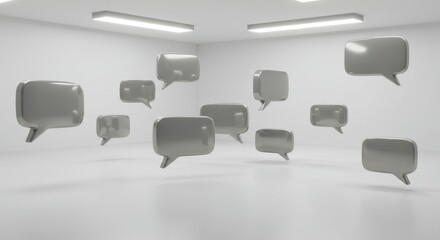 Fototapeta premium Floating Shiny Chat Bubbles in Open Room - communication, online interaction, virtual dialogue, modern technology, network connection. Symbolizing conversation, collaboration, and global connectivity