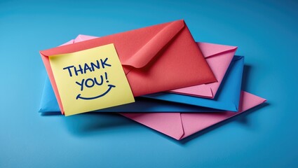 Background scene featuring a red envelope with a thank you sticky note on top of blue and pink envelopes