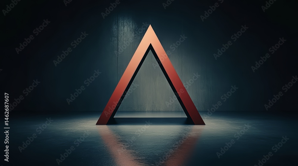Poster red triangle is the main focus of the image. the triangle is placed in a room with a dark background