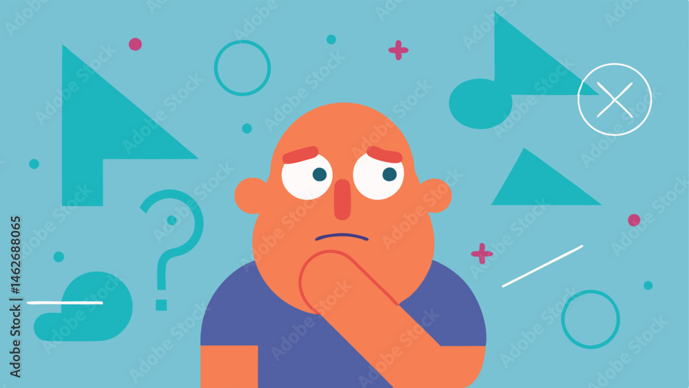 Poster math mayhem a whimsical figure with a frown and a hand on their chin symbolizing deep thought. the b