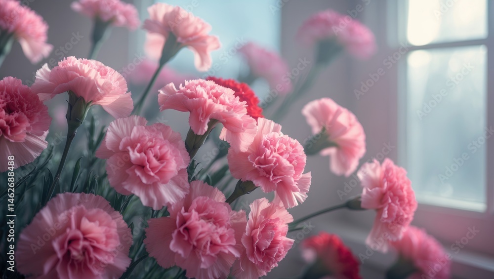 Poster beautiful pink and red carnations with window background in close-up