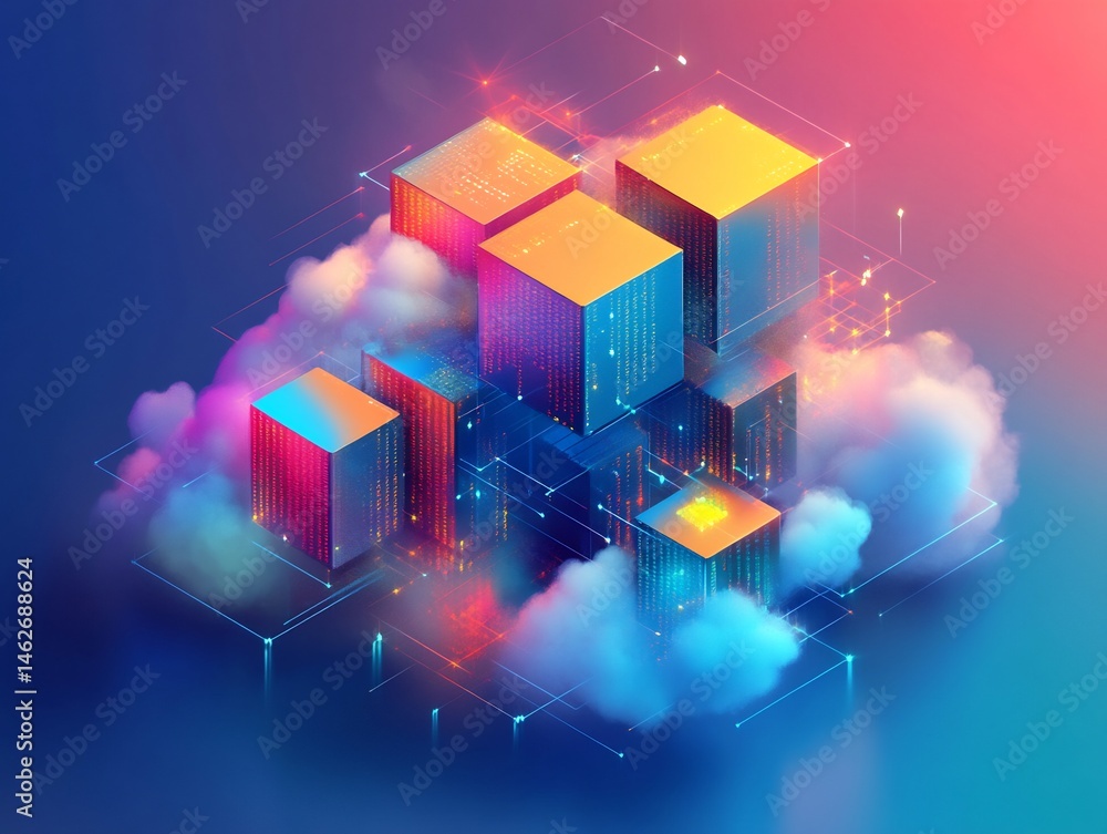 Poster isometric digital cityscape concept: cloud computing and technology integration