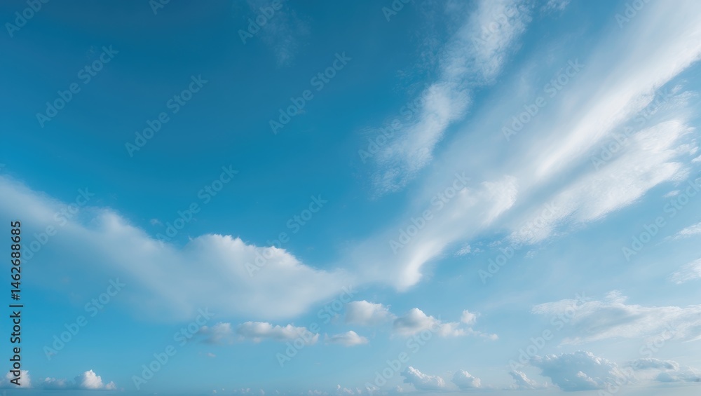 Poster Azure sky and clouds panorama on a white background, representing the upper surface atmosphere and outer space as the sky, with clouds as aerosols consisting of visible liquid mass for creative