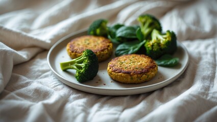 Vegan patties paired with fresh broccoli and spinach for a nutritious and delicious dining experience