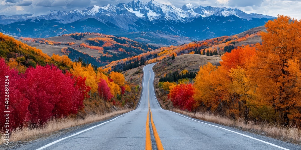 Poster road with trees on both sides and mountains in the background. the road is empty and the trees are o