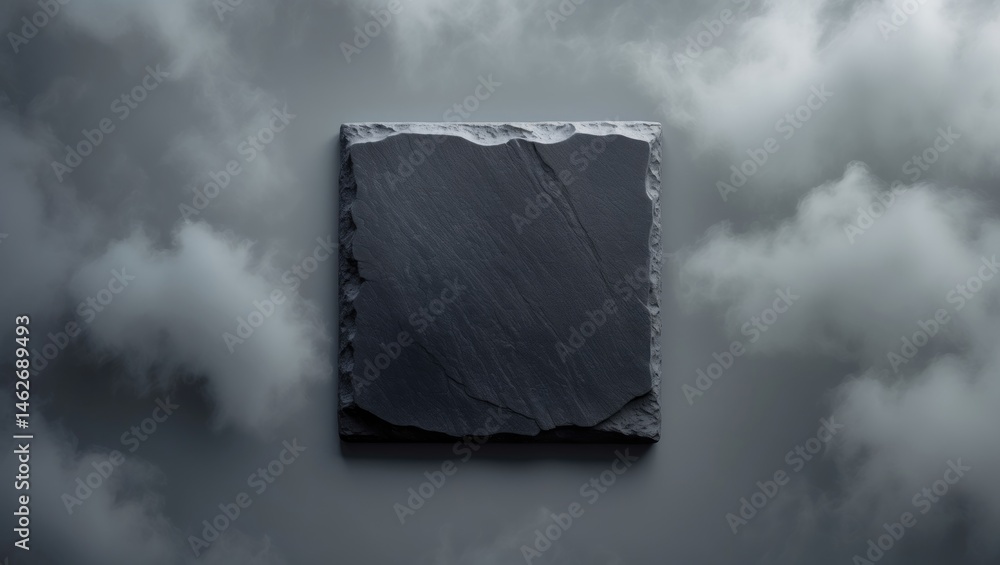 Poster top view of a black square stone plate on a gray background, ideal for text display