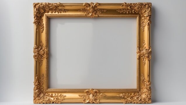 Classical gold-painted wooden picture frame featuring blank area on white wall background