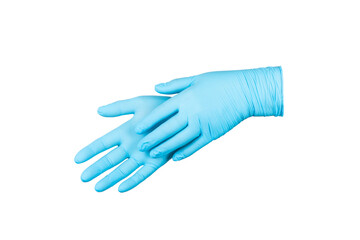 Medical nitrile gloves isolated on white background. Surgical latex gloves. Rubber gloves production. Doctor or nurse putting on protective gloves. Medicine concept. Sterility, protection.