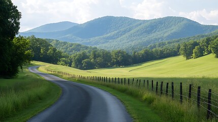 Scenic country road winding through lush green mountains in summer with copy space image .