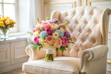 Pastel Flower Bouquet on Cream Tufted Armchair - Architectural Photography, Soft Light, Floral Still Life