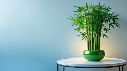 Potted bamboo on a table near the wall with designated space for text