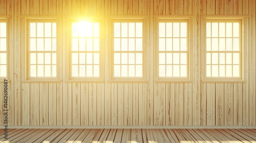 Poster room with a lot of windows and a wooden wall. the room is empty and the sun is shining through the w