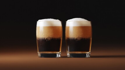 Close-up view of beer glasses with foam on top. Concept of evening leisure with beer and relaxation at the bar.